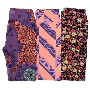 Lot of 3 LuLaRoe Leggings Size OS Peach Purple Cream Pink Mint Green Butterfly